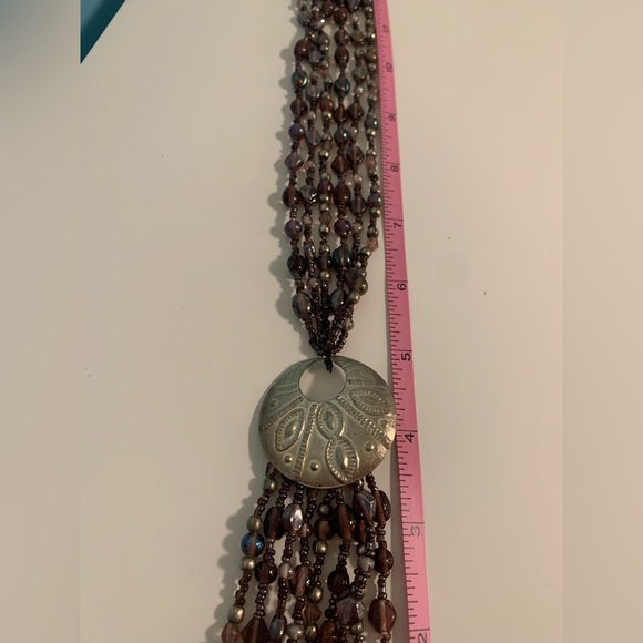 Purple beaded necklace with embossed aluminum accent - Picture 8 of 9